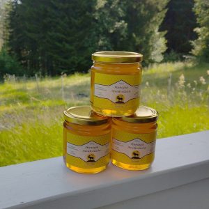 Kolme hunajapurkkia, joissa lukee "Hunajaa Airakselasta 500 g".